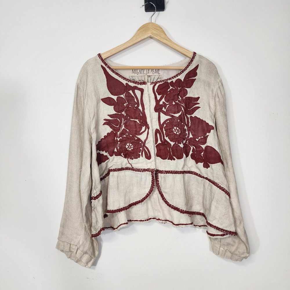 Magnolia Pearl Juno Jacket One Size Linen Appliqué Floral Boho Lagenlook - Picture 2 of 16
